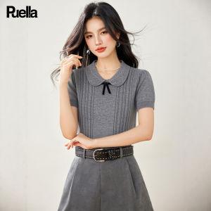 puella | Summer Bow Knit Short Sleeve Vertical Striped Puff Shoulder Slimming Blouse
