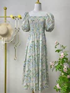 Floral Puff Sleeve Smocked Waist Midi Dress