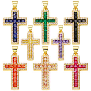 Juya DIY Religious Decoration Jewelry Making Supply Handmade Cubic Zirconia 18K Real Gold Plated Christian Cross Charms Pendants