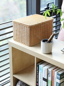 ตะกร้าหวายสาน กล่องตะกร้าหวายเทียมพร้อมฝาปิด ทรงสี่เหลี่ยม วัสดุหวายเทียม rattan basket ความจุขนาดใหญ่