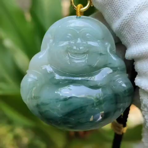 Rare Hugh Old Mine Translucent Floating bluish green patches Natural Type A Jadeite Pendant carved as Milo Buddha weight 232.82 grams 52.83 * 51.18 * 12.18 mm fine grain crystal aggregate suitable for daily wear with NGI Certificate (pendant143)