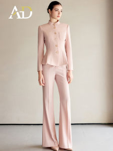 Pink Suit Set AD2025 Womens Slimming Wide Leg Pants Professional Two-Piece Set Spring Collection Long Sleeve Polyester Fiber