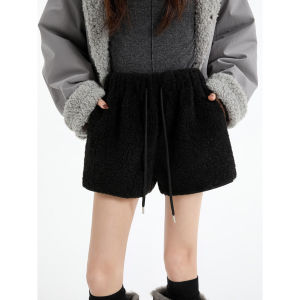 HUOLISI | Slimming Petite Leisure Sheepskin Velvet Shorts Beige High Waist A-Line Outwear