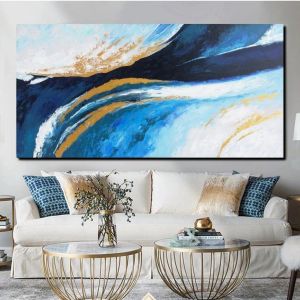 lukisan blue gold ocean abstrak lukisan modern teksture hiasan dinding modern aesthetic