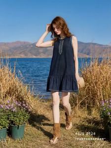 3COLOUR·S | Denim-look Embroidered Sleeveless A-line Ruffle Mini Dress
