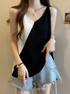 เสื้อกั๊กแขนกุดคอวีผ้าไหมน้ำแข็งไซส์ใหญ่พิเศษสำหรับผู้หญิงไซส์ใหญ่ ทรงหลวม ทรงเข้ารูป ปกโปโล ฤดูร้อน แขนกุด เสื้อถัก