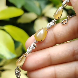 Excellent Yellow Cabochons Semi to Icy Translucent Quality Natural Type A Jadeite Jade as Bracelet set on S925 certificate weighs 3.95 grams measurement see descriptions(s925b2)