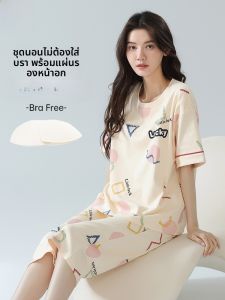MiiOW | ชุดนอนผู้หญิงผ้าฝ้ายแท้ ชุดนอนฤดูร้อน แขนสั้น กระโปรงสั้น ชุดนอนแบบสวมหัว คอกลม ลายการ์ตูน ชุดอยู่บ้าน