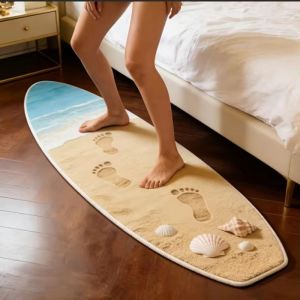 VIKAMA Sunset Ocean Surfboard Plush Rug Non‑Slip Quick‑Dry Coastal Leisure Floor Mat For Balcony Teen Home Decor