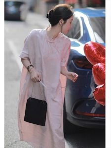 YUFUQING | Elegant Pink Loose Chinese Style Womens Dress New Fashion Design Sensation Spring Summer New Arrival Polyester Fiber