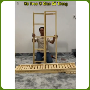 Kệ gỗ treo quần áo tủ treo quần áo đa năng 3 khoang gỗ tự nhiên KT D150 x R35 x C150