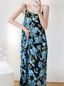 Elegant Summer Floral Print Long Dress Slimming plus Size Womens Sleepwear Korean Style Tea Break Casual Cotton Gown