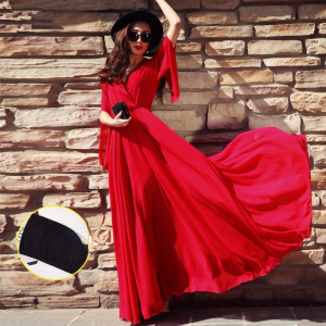 Elegant Korean Style Long Red Chiffon Beach Dress Womens New 2025 Slimming Ultra-Long Skirt V-neck Loose Waist Short Sleeve
