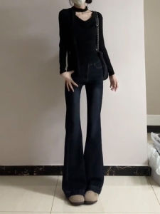 กางเกงยีนส์ทรงขาบานสไตล์ย้อนยุคสำหรับผู้หญิง กางเกงขายาวเอวต่ำ กางเกงขายาวทรงหลวม ทรงหลวม สไตล์ฮ่องกง กางเกงยีนส์ทรงขาบานสำหรับผู้หญิง