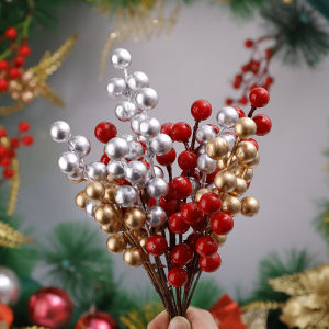 30PCS Christmas Red Berries Branches Red Cherry Artificial Holly Berry Branch Fake Plants Flower Xmas Tree Party Decor
