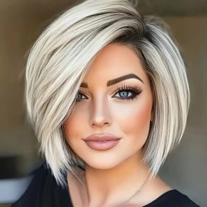 Mái Tóc Giả Sợi Tổng Hợp Kiểu Bob Elf Cắt Tỉa Màu Trắng Gradient Chân Tóc Dày Chia Ngôi Lệch Tóc Ngắn Thẳng Dùng Hàng Ngày Kích Thước Mũ Trung Bình.