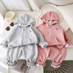 Autumn New Childrens Sets New Boys Girls Spring Casual Hooded Jackets+Pants 2Pcs Outfits Kids Solid Color Sports Clothes Suits