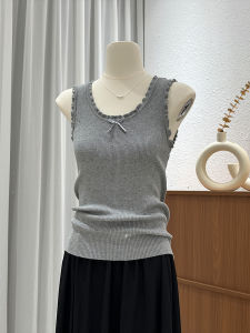 Slim Fit Womens Summer Knit Top Sleeveless U-Neck Base Layer Vest Butterfly Knot Design Korean Style Pure Color T-Shirt