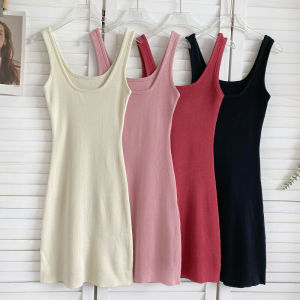 Pure欲风辣妹方领收腰显瘦连衣裙包臀针织吊带裙气质通勤纯色无袖A字裙2023年夏季小个子单件