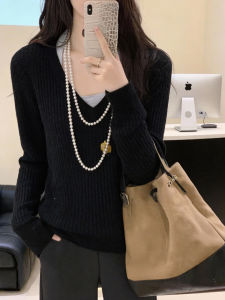 QINGNAER | Trendy Elegant Fashion Large Size Womens Clothing Black Knitted Sweater V-Neck Slim Fit