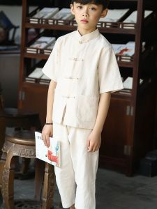 Boys Summer Thin Short Sleeve Pure Cotton Retro Ethnic Style Hanfu Childrens Clothing Stand Collar Traditional Chinese Costume