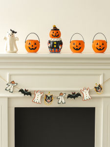 1pc Cute Halloween Garland Banner Wooden Black Cat Ghost Pumpkin & Bat Shape Wall Hanging Decor for Home Party and Fireplace