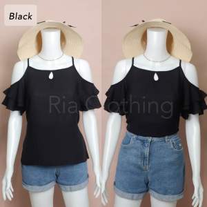 Ariella Ruffles Cold Shoulder Sleeves Squareneck Korean Bkk Trendy Top Women Outfit Challis M -Large