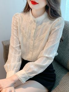 Spring Autumn Womens Chiffon Shirt Fashionable Youthful Design Lightweight Top Button up Long Sleeve Straight Cut Classic