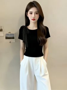 Shalldoer | Fashionable Off-Shoulder Waist-Shaping T-Shirt with Bow Collar