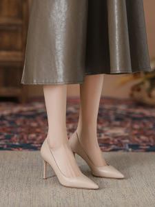 Fashionable Flyling Womens Shoes Spring Summer New Style Slip-On Work Shoes Genuine Leather Commute Thin Heel Comfortable High Heels