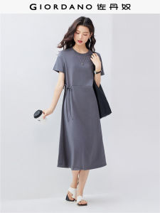 Chic Minimalist round Neck Short Sleeve Dress with Side Waist Belt in Solid Color for Women Casual Style Spring Summer Dress