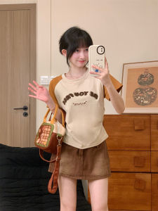 Áo Thun Nữ Tay Ngắn Thêu Chữ Nổi Cạp Cao Màu Tương Phản Tay Lửng Phong Cách Ngọt Ngào Dáng Ôm Mùa Hè Chất Liệu Cotton