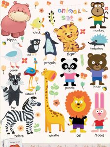 Childrens Room Wall Decals Cartoon Early Education English Poster Stickers Zoo English Pattern Glass Wall Decor PVC Material