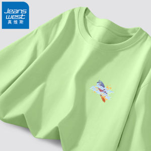 Jeanswest Mens Short Sleeve T-Shirt Pure Cotton Summer Trendy Half Sleeve Letter Print Casual round Neck Top for Youth