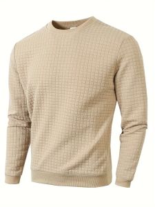 Autumn Mens Crew Neck Pullover Solid Color Casual Jacquard Check Sweatshirt Long Sleeve Warm Slim Sweaters Knitted Streetwear