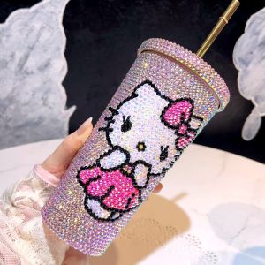 Sanrio ถ้วยน้ำสุญญากาศสแตนเลสเกรดอาหารแก้วกันร้อนการ์ตูนน่ารักเฮลโลคิตตี้สติกเกอร์รูปคนงานมือลายการ์ตูนสำหรับ304อาหาร