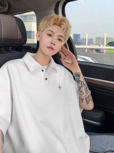 Áo Thun Cổ Polo Tay Ngắn Màu Trắng Cỡ Lớn Cho Nam Thanh Thiếu Niên Mùa Hè Phong Cách Mỹ Hong Kong Cổ Polo Nam