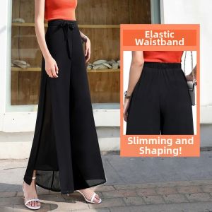 Summer New High Waist Wide Leg Pants Womens Chiffon Drapey Loose Double Layered Skirt Pants Elegant Casual Trousers