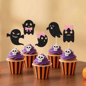 YOMDID 25Pcs Lovely Ghost Cupcake Toppers Glitter Halloween Cake Picks Ghost Cupcake Decorations Festive Party Supplies