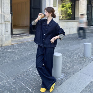 Cowboys Blue Loose Womens Denim Set Autumn New High Waist Wide Leg Pants Short Style Tops And Bottoms Two Pice Leisure Fashion