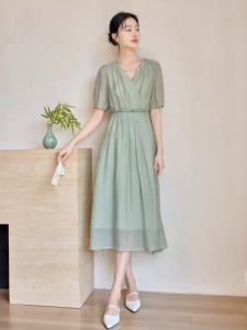 XIANGYING | Đầm Tencel Màu Xanh Nhạt Phong Cách Trung Quốc Mới
