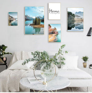 Mountain Lake Reflection Picture Nature Scandinavian Nordic Decoration Coastline Cityscape Print Wall Art Canvas Painting