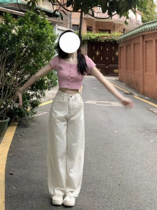 Quần Jeans Denim Ống Rộng Cạp Cao Màu Trắng 2024 Xuân Thu Mùa Hè Quần Dài Thường Ngày Quần Dài Thẳng Rộng Thời Trang