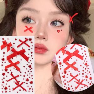 Pink Bow Rhinestone Tattoo Sticker Face DIY Makeup Red Diamond Pearl Bows Temporary Tattoo Sticker Self Adhesive Party Festival