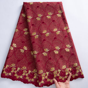Wine Color 5 Yards African Swiss Voile Lace Fabric Embroidery High Quality With Stones Dry 100% Cotton For Wedding S4416
