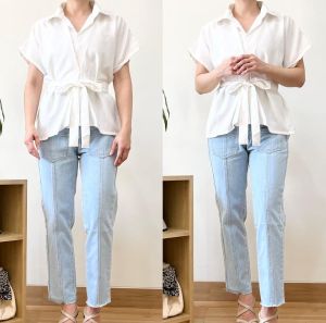 ●ECLAIRE● 0IS Blouse Kerah Kemeja Leher V Lengan Pendek Shortsleeves Polos Basic Dasar Kasual Korea Kerja Casual (FREE BELT)