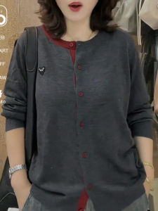 Gray Knitted Sweater Womens Loose round Neck Single Button Fashion Color Block Top Large Size Autumn New Style Big Women Clothes