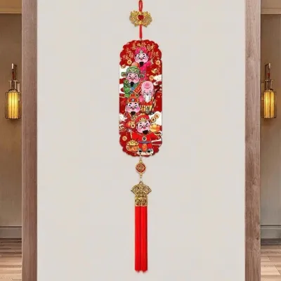 rosekey | Chinese New Year Five Blessings Peach Wood Carving Decorative Hanging