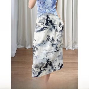 Ink Painting Printing Skirt Pleated 2024 Summer New Arrival National Style Elastic Waistband Slimming Skirt A- line Pleated Skirt