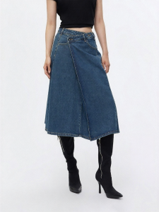 ONLY | Vintage Washed Asymmetrical Waist A-Line Denim Skirt